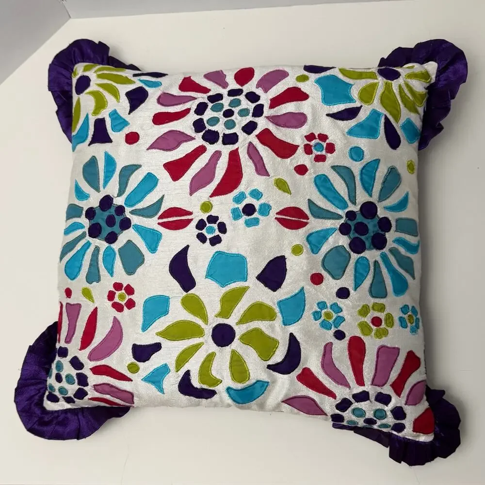 Pier 1 Imports Colorful Floral Applique Throw Pillow Ruffle 15x15 Purple Blue